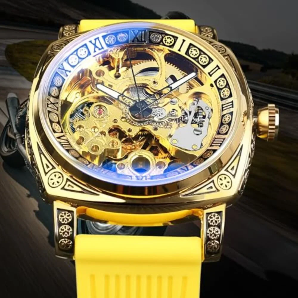 Men's Square Skeleton Automatic Watch, Stainless Steel Case, Leather Strap